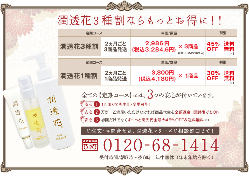 潤透花3種割ならもっともっとお得に！！ 2ヶ月ごと3商品発送 税込3,284円×3商品 45%OFF 送料無料