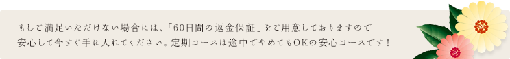 もしご満足いただけない場合には、「60日間の返金保証」をご用意しておりますので安心して今すぐ手に入れてください。定期コースは途中でやめてもOKの安心コースです！