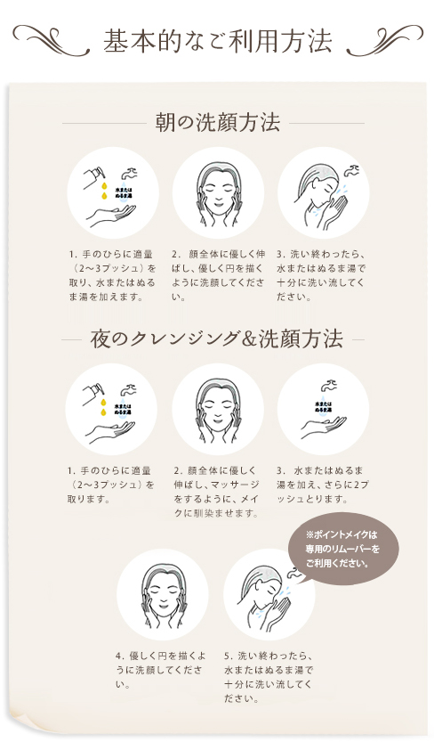 基本的なご利用方法 朝の洗顔方法 1.手と顔をあらかじめぬらしておき、手のひらに適量(2~3プッシュ)を取ります。 2.顔全体に優しく伸ばし、優しく円を描くように洗顔してください。 3.洗い終わったら、水またはぬるま湯で十分に洗い流してください。 夜のクレンジング方法 1. 手のひらに適度(3~4プッシュ)を取ります。 2.顔全体に優しく伸ばし、マッサージをするように、メイクに馴染ませます。 3.水またはぬるま湯を加えます。 4.優しく円を描くように洗顔してください。 5. 洗い終わったら、水またはぬるま湯で十分に洗い流してください。 ※ポイントメイクは専用のリムーバーをご利用ください。