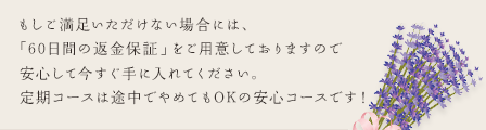 もしご満足いただけない場合には、「60日間の返済保証」ご用意しておりますので安心して今すぐ手に入れてください。定期コースは途中でやめてもOKの安心コースです!