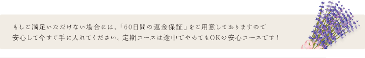 もしご満足いただけない場合には、「60日間の返済保証」ご用意しておりますので安心して今すぐ手に入れてください。定期コースは途中でやめてもOKの安心コースです！