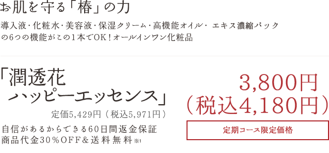 お肌を守る「椿」の力 導入液・化粧水・美容液・保湿クリーム・高機能オイル・エイジングケア濃縮エキスの6つの機能がこの1本でOK!オールインワン化粧品 「潤透花ハッピーエッセンス」3,800円+税 自信があるからできる60日間返金保証商品代金30%OFF&送料無料定期コース限定価格