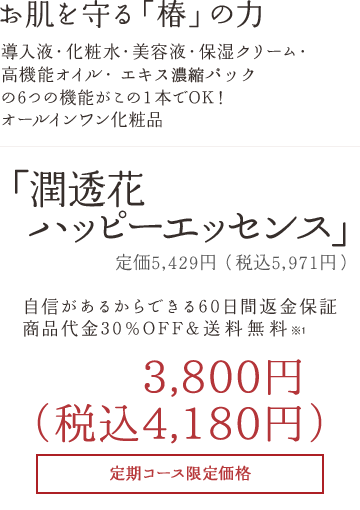 お肌を守る「椿」の力 導入液・化粧水・美容液・保湿クリーム・高機能オイル・エイジングケア濃縮エキスの6つの機能がこの1本でOK!オールインワン化粧品 「潤透花ハッピーエッセンス」3,800円+税 自信があるからできる60日間返金保証商品代金30%OFF&送料無料定期コース限定価格