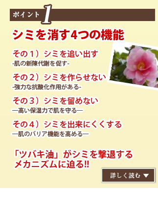 シミ撃退の椿油の３大成分 肌バリア機能の向上 皮脂膜を守り、肌にうるおいを与えます。 肌の酸化の防止 「抗菌・殺菌」機能で肌をブロック