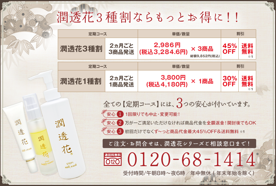 潤透花3種割ならもっともっとお得に！！ 2ヶ月ごと3商品発送 税込3,284円×3商品 45%OFF 送料無料