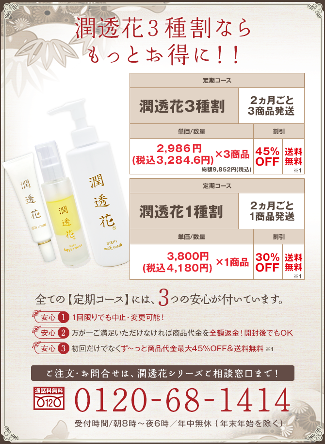 潤透花3種割ならもっともっとお得に！！ 2ヶ月ごと3商品発送 税込3,284円×3商品 45%OFF 送料無料